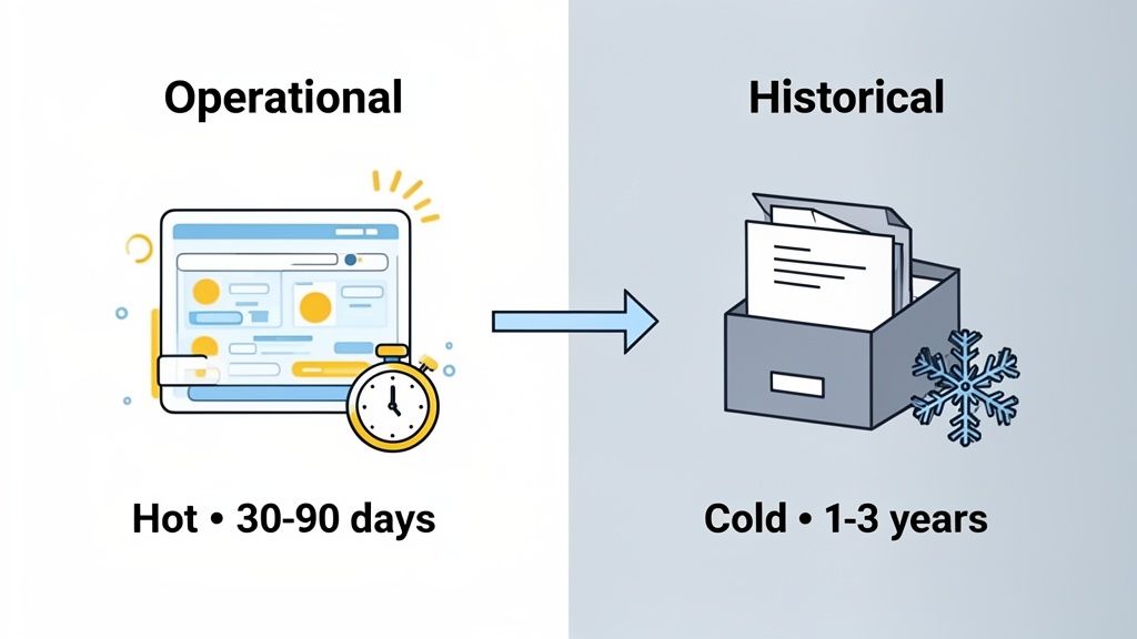 Illustration showing data lifecycle: operational hot data (30-90 days) moving to historical cold data (1-3 years).