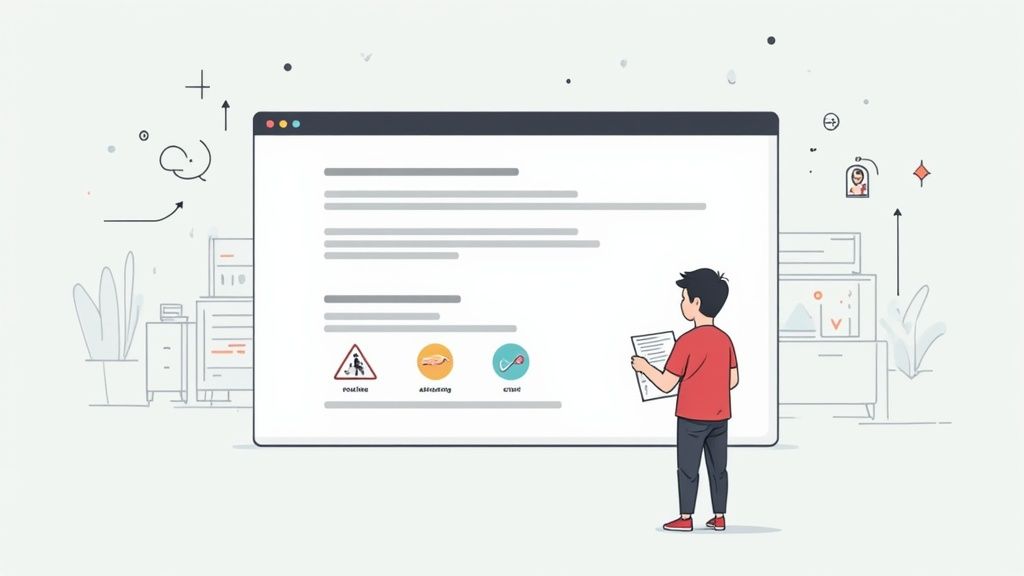 A person views a large screen with text and three options: routine, absorbing, and grant.