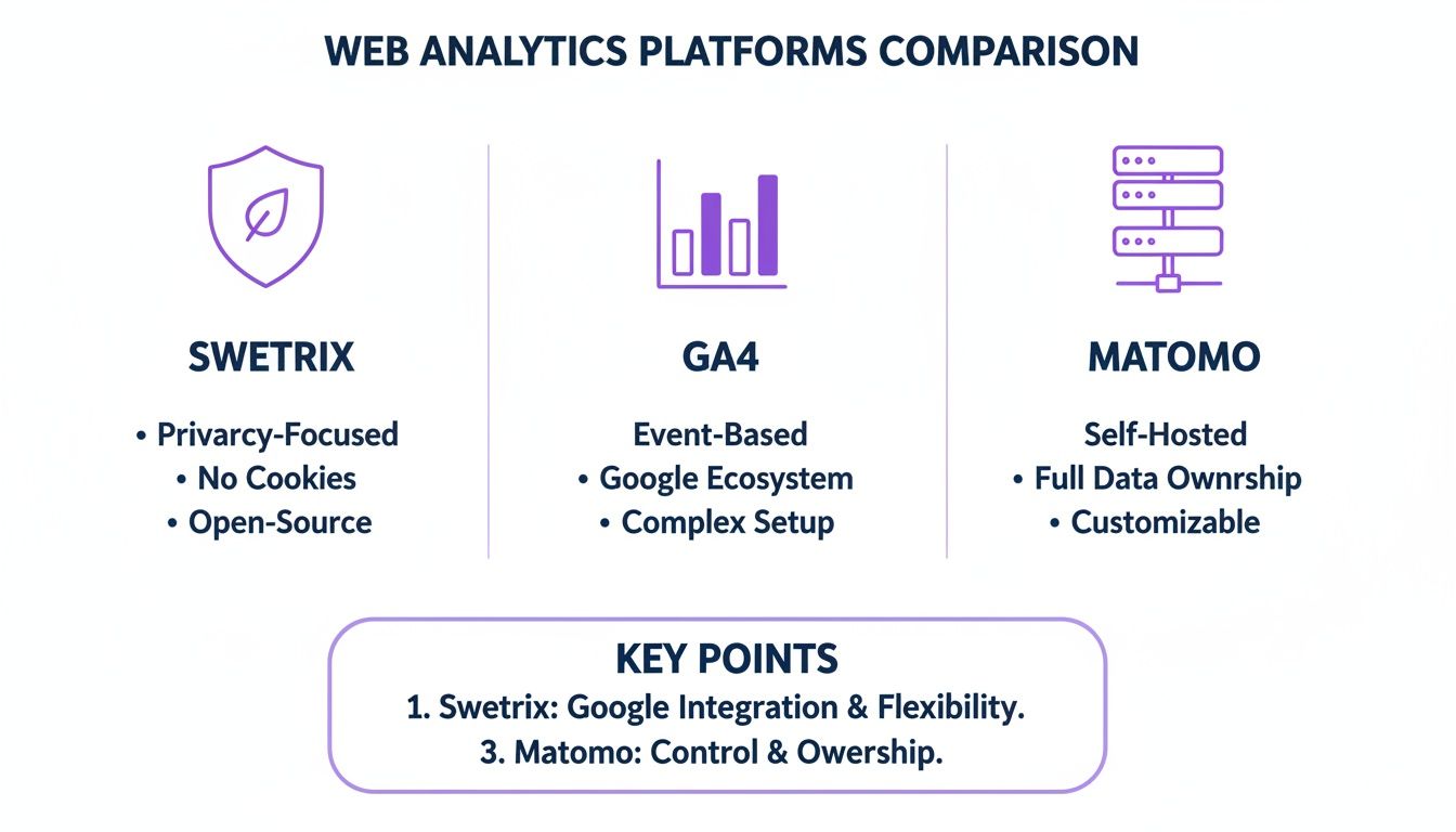 Comparison table of Swetrix, GA4, and Matomo web analytics platforms, detailing features and key points.