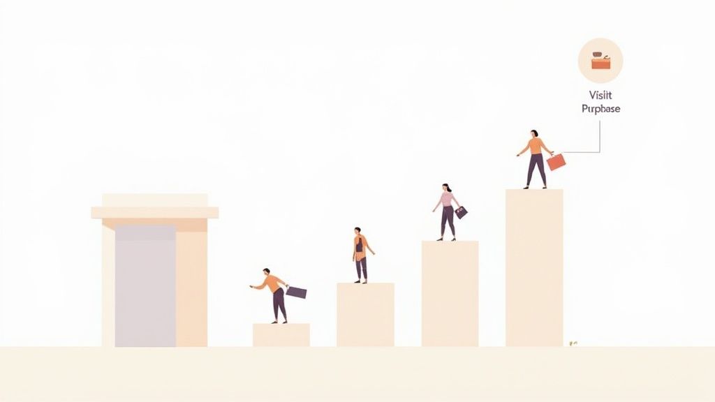 Customers climbing ascending bar chart steps toward purchase goal illustrating conversion funnel stages