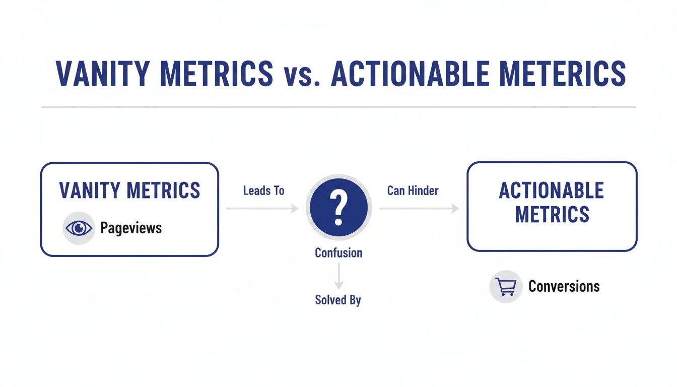 Diagram comparing vanity metrics like pageviews to actionable metrics like conversions, highlighting how vanity metrics cause confusion.