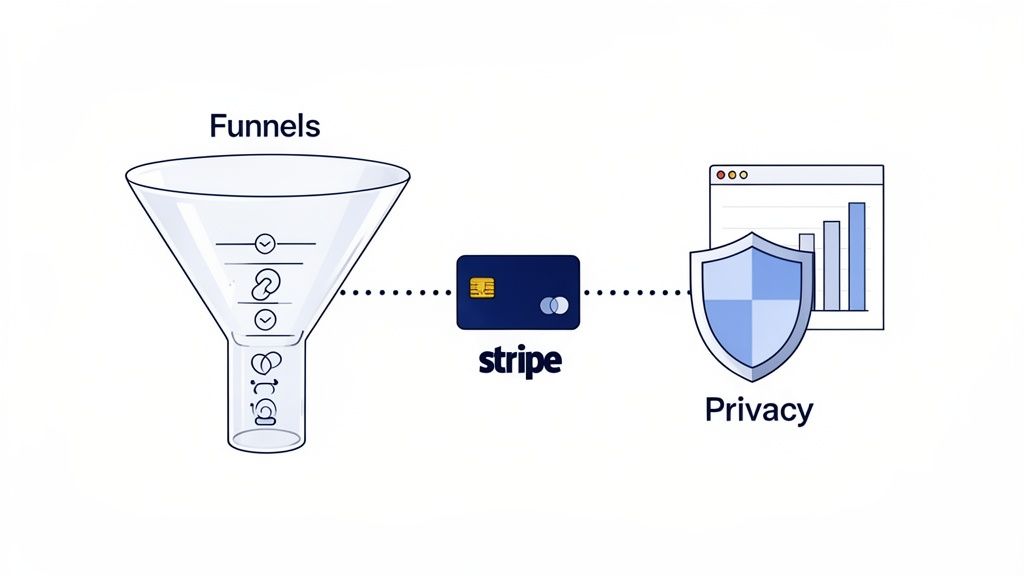 Diagram illustrating funnels leading to Stripe payment processing, followed by data privacy and analytics.