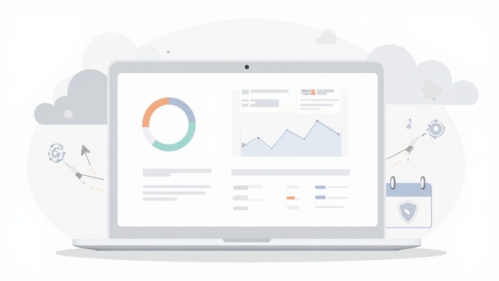 A minimalist illustration of a laptop screen displaying a digital marketing dashboard with various charts and data.