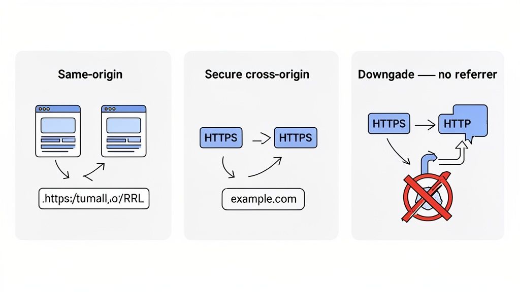Diagram illustrating referrer policy scenarios: same-origin, secure cross-origin, and downgrade blocking referrer.