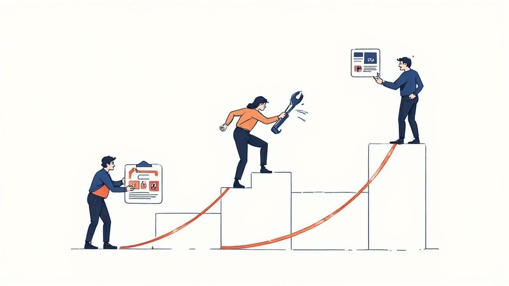 Three professionals climbing ascending steps with tools and charts showing business growth progress