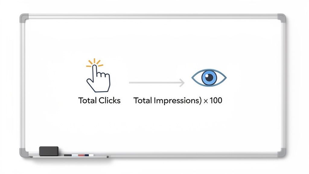 Whiteboard illustrating the Click-Through Rate formula using icons for clicks and impressions.