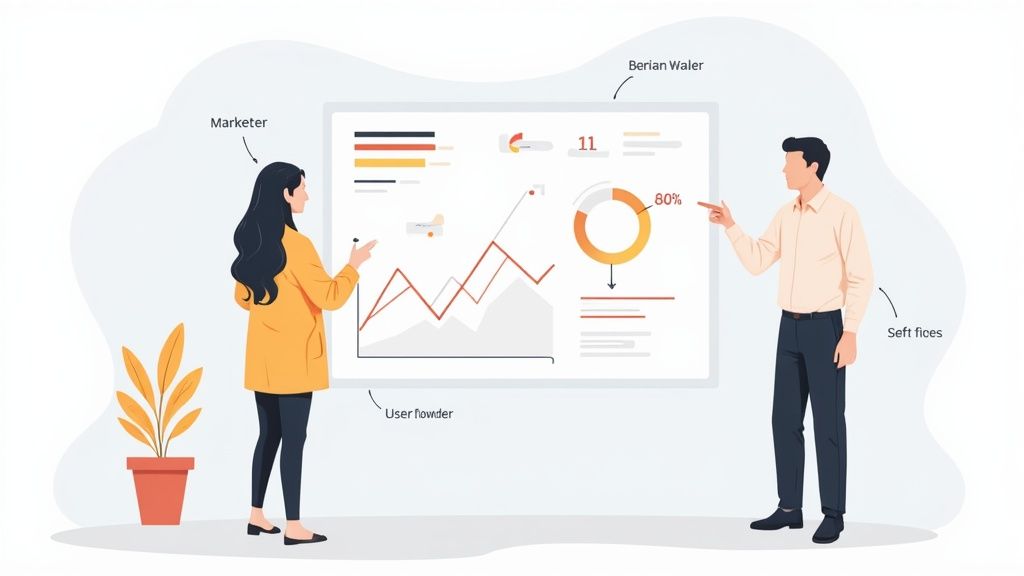 Two marketing professionals collaborate on a digital dashboard displaying various charts and data analysis.
