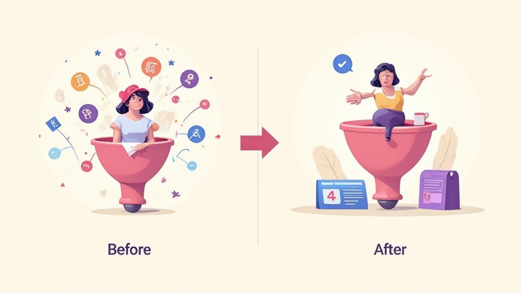 Illustration showing a woman moving from chaotic task overwhelm to calm, organized productivity using a funnel.