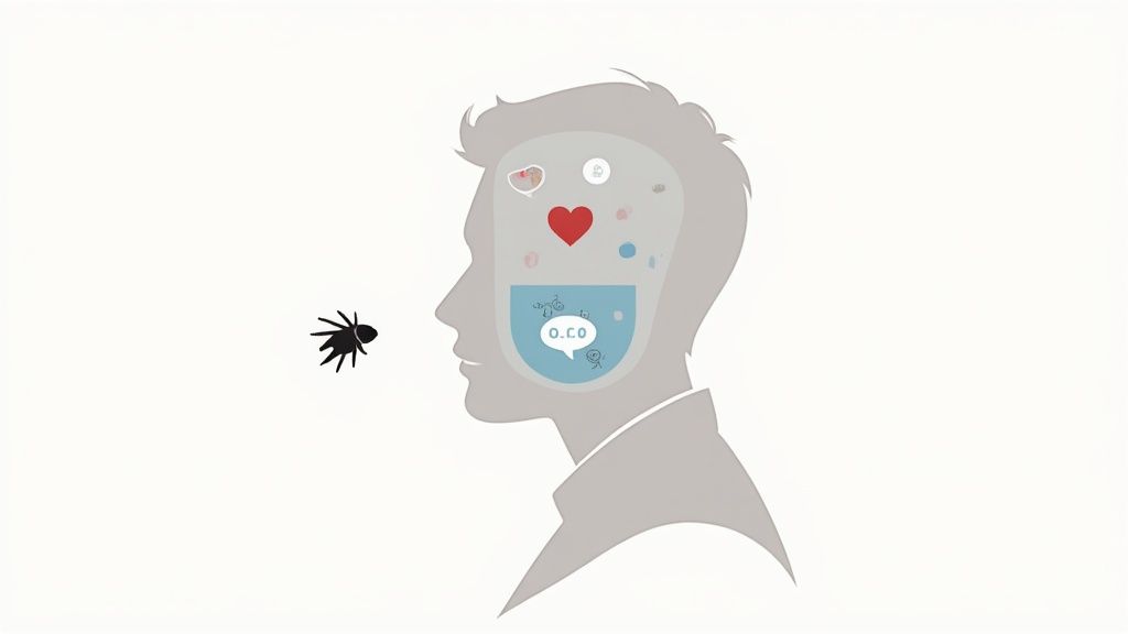 Person silhouette with visual symbols showing online tracking, heart icon, and spider representing web tracking
