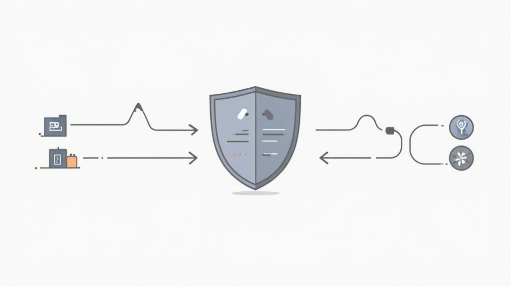A diagram illustrating data or information flow from two input sources through a central security shield to two output destinations.