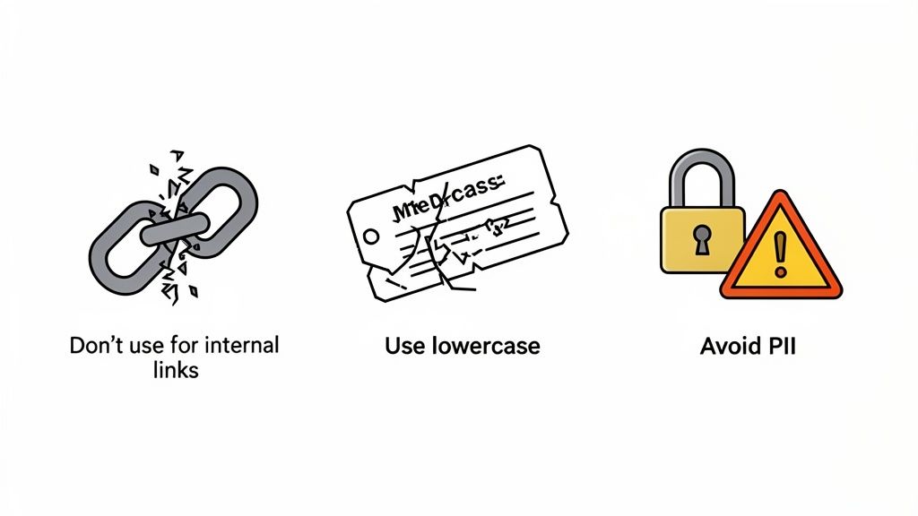 Three icons illustrate key guidelines for links: avoid internal links, use lowercase, and protect PII.