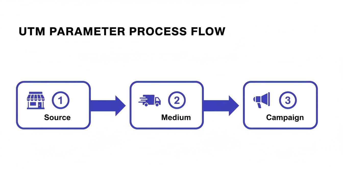 A flowchart titled 'UTM Parameter Process Flow' illustrating Source, Medium, and Campaign steps with icons.