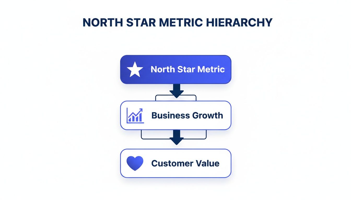 North Star Metric hierarchy diagram, showing it leads to business growth and customer value.