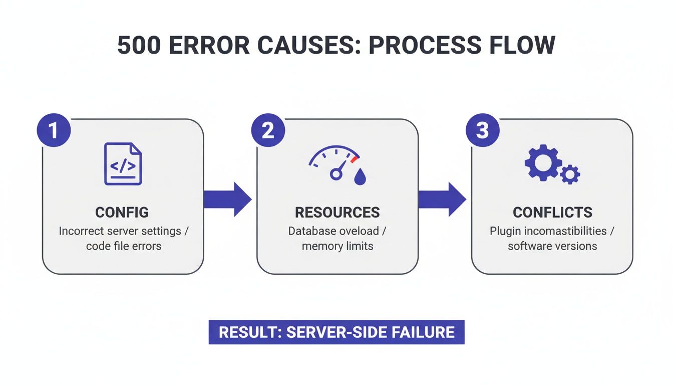 A process flow diagram illustrating the common causes of a 500 server error, leading to failure.