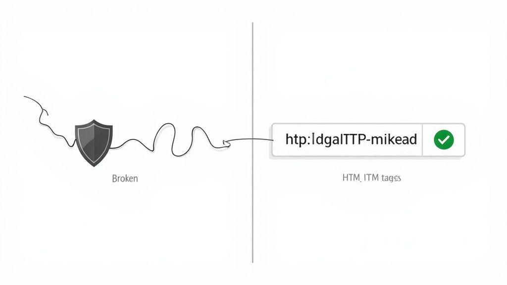A magnifying glass examining a broken digital link, symbolizing a referral tracking problem.