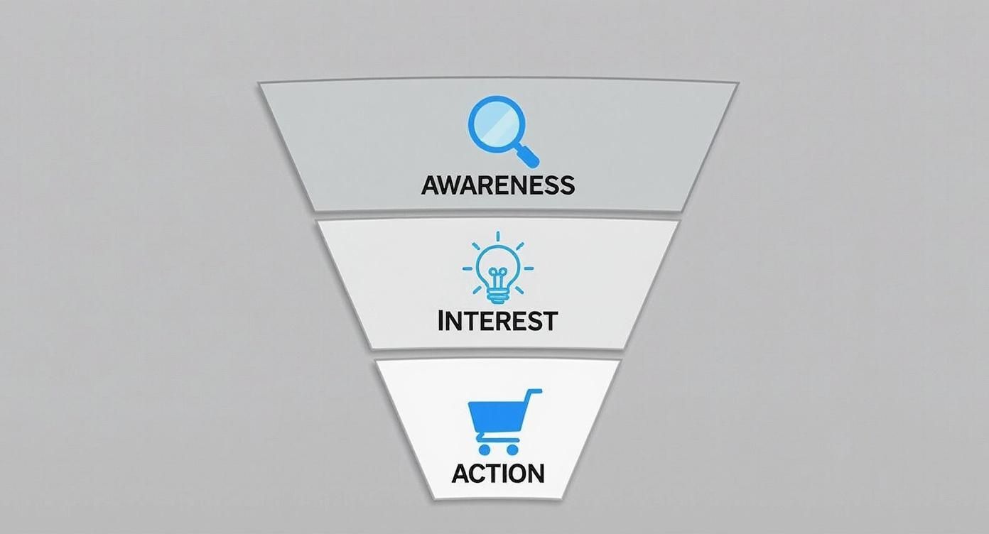 A three-stage marketing funnel illustrating customer journey: Awareness, Interest, and Action.