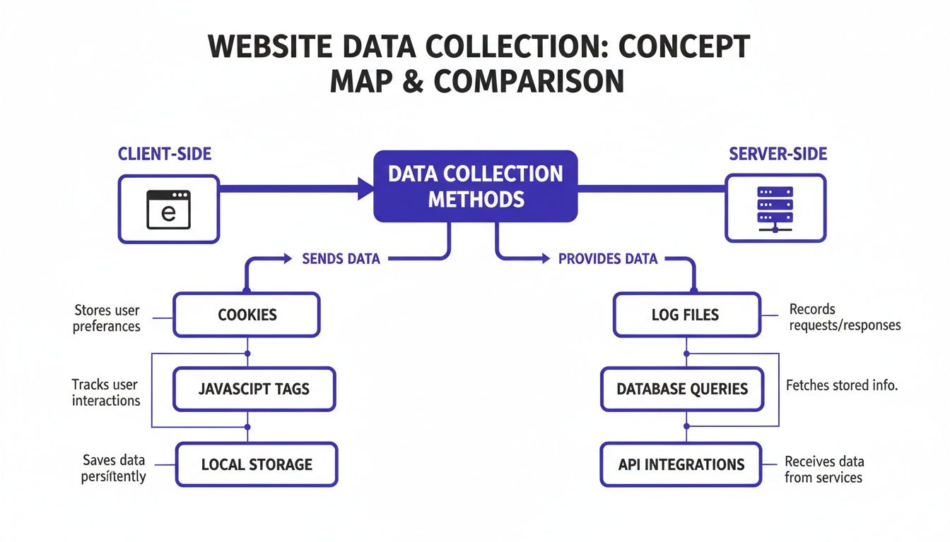 Website data collection methods concept map comparing client-side (cookies, JavaScript) and server-side (log files) techniques.