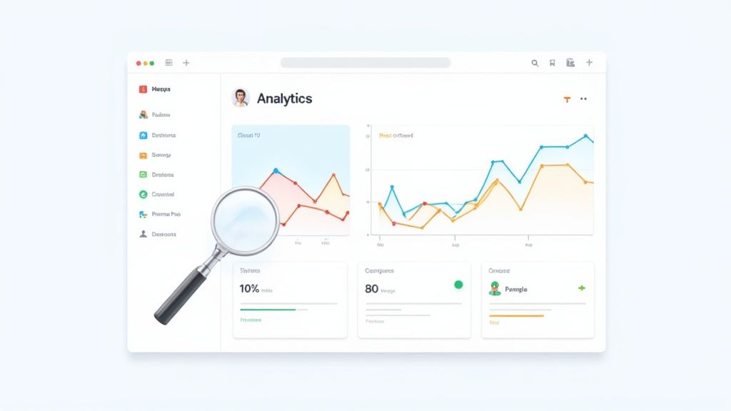A digital dashboard showing various website analytics charts and graphs.