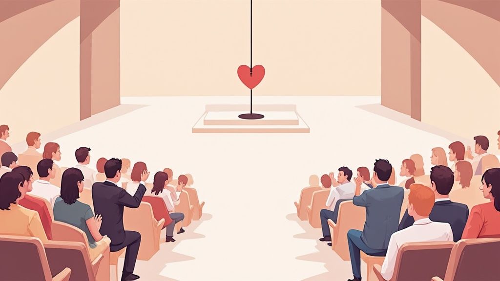 A large audience claps while a red heart is displayed on a stage, symbolizing engagement.