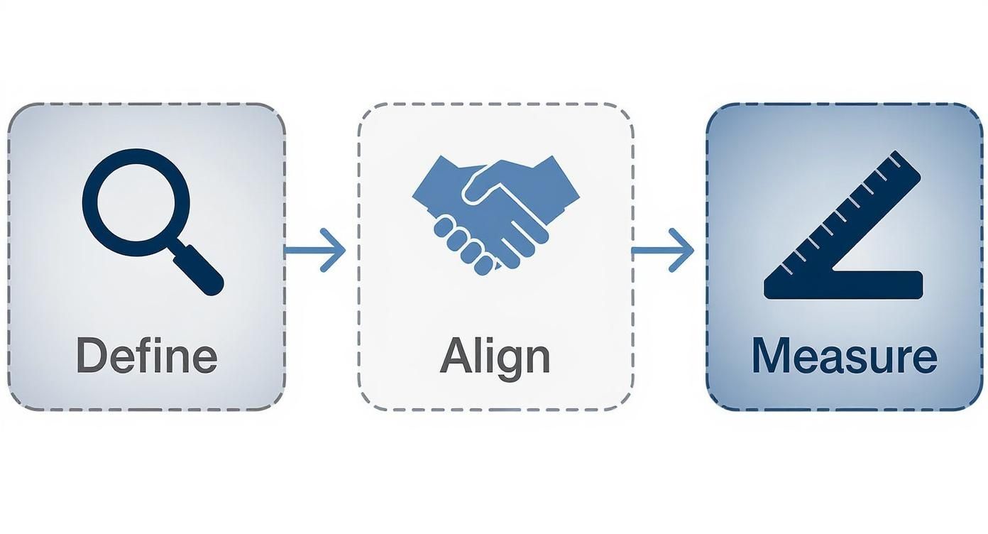 Diagram showing a three-step process: Define with a magnifying glass, Align with a handshake, and Measure with a ruler.