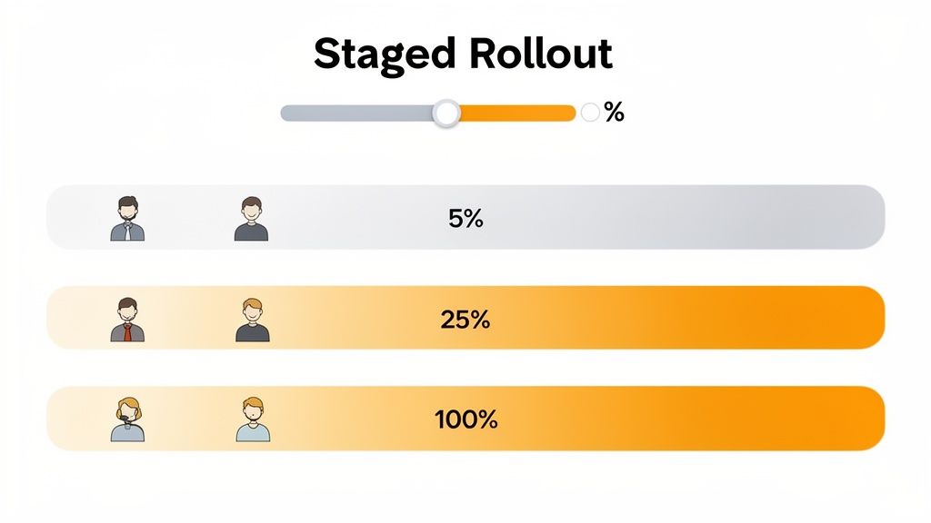A 'Staged Rollout' graphic showing a slider and three progress bars for 5%, 25%, and 100% user deployment.