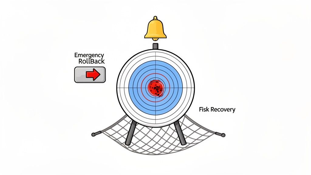 Diagram illustrating emergency rollback and recovery for software testing, featuring a target, bell, and safety net.