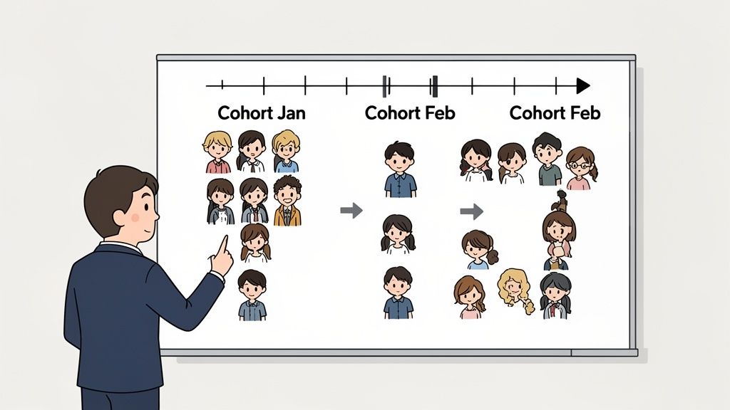 A man explains cohort analysis on a whiteboard, showing groups of people evolving over time.