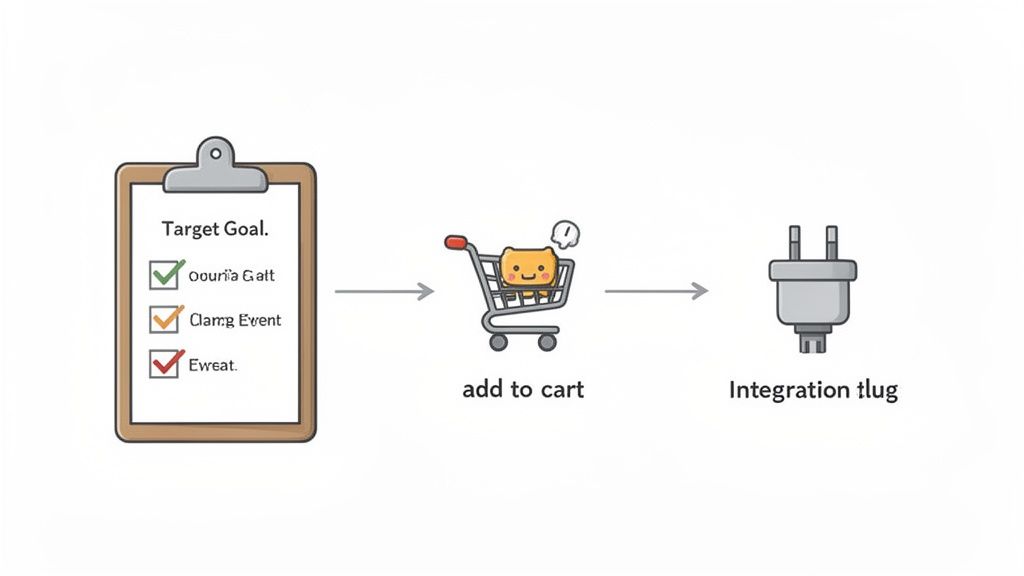 Cartoon diagram illustrating the workflow from target goals to an add to cart step and then an integration plug.