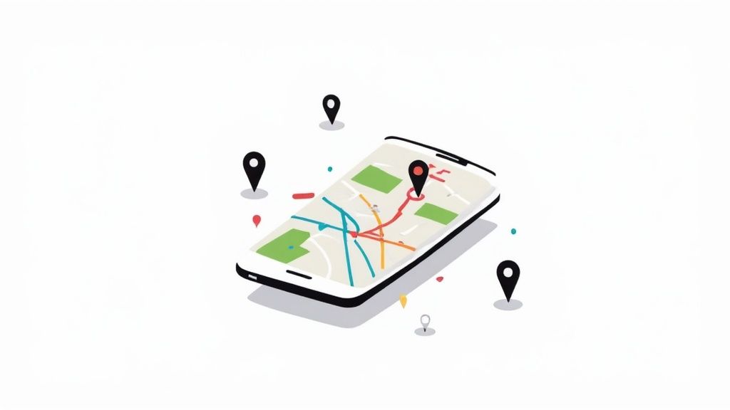 A person analyzing mobile analytics on a tablet with charts and graphs in the background.