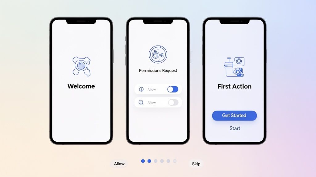 Three mobile app screens illustrating an onboarding user flow with welcome, permissions, and initial action.