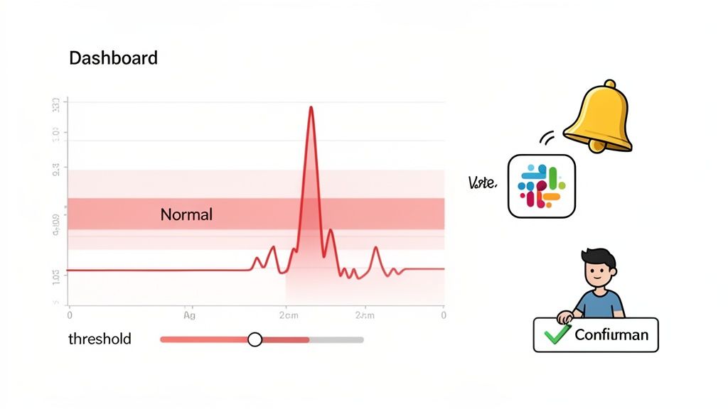 A dashboard displaying an anomaly detection graph with a threshold slider, alongside a Slack alert and human confirmation.