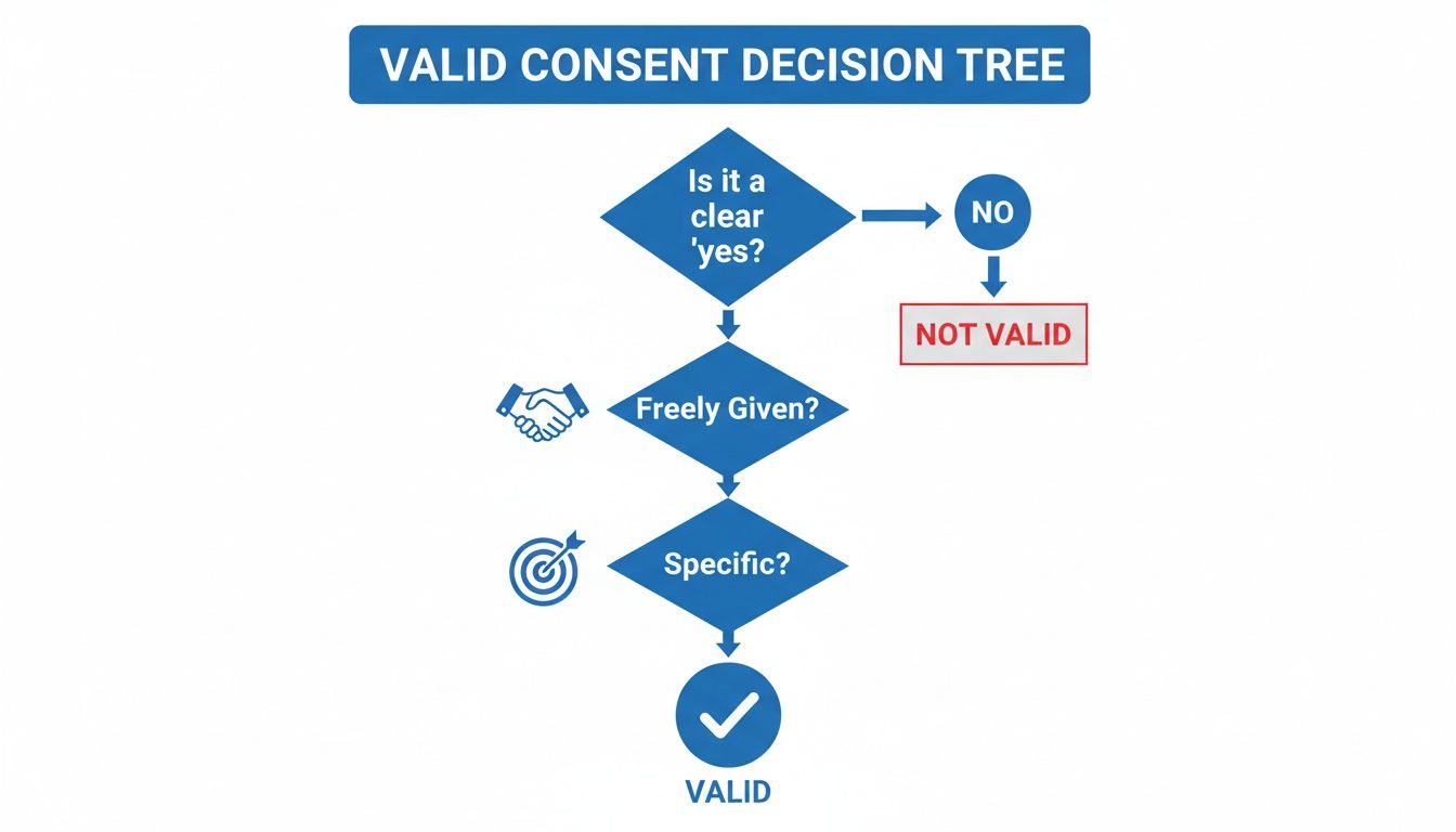 Flowchart illustrating the decision tree for valid consent, checking if it's a clear yes, freely given, and specific.