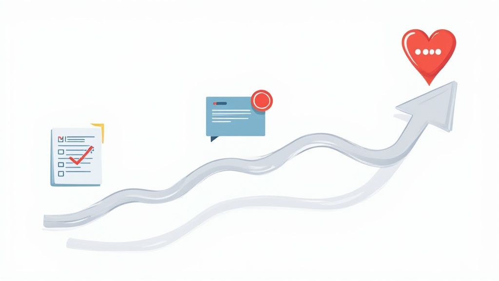 An upward trend arrow with icons for tasks, messages, and a heart, symbolizing user engagement and progress.