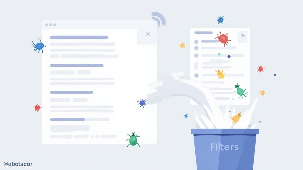 Colorful bugs being filtered from a digital document on a screen into a blue 'Filters' bin.
