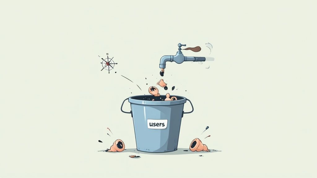 A faucet drips person-like figures into a 'users' bucket, while many spill out, illustrating user retention challenges.