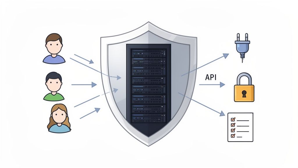 Multiple users interact with a secure server, indicating data protection and API management.