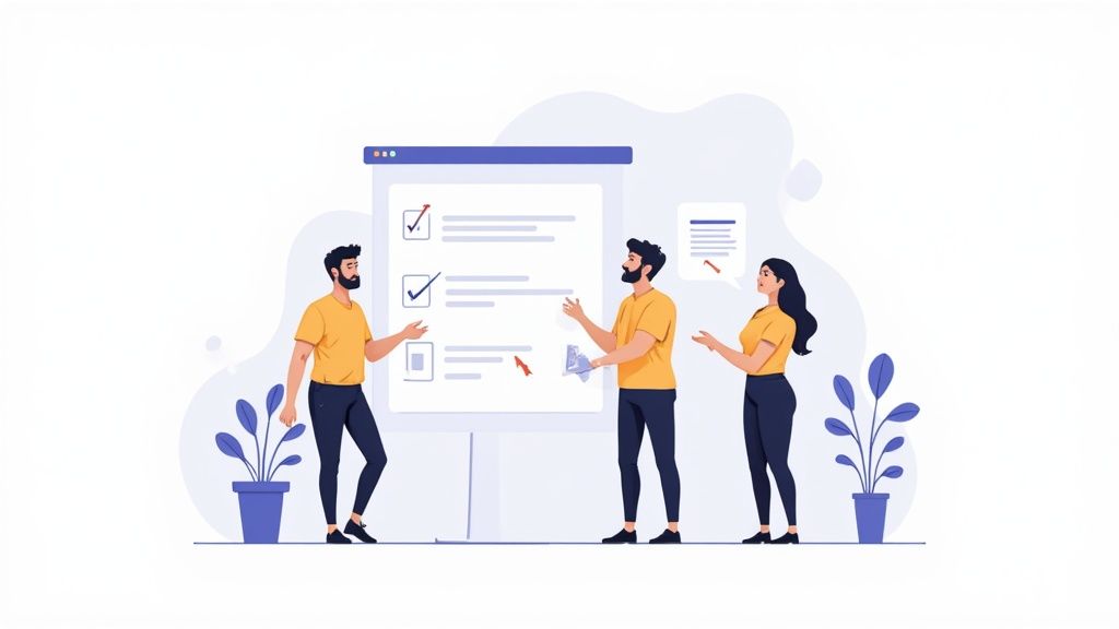 Team collaboration meeting discussing performance monitoring tasks with checkmarks on digital board presentation