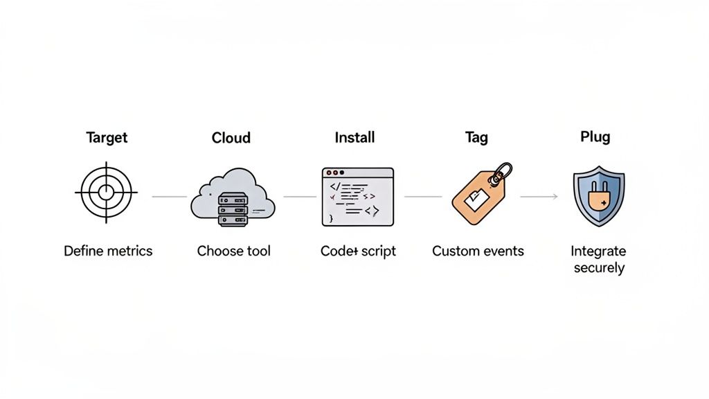 A diagram illustrating a five-step process for website visitor tracking and secure integration.