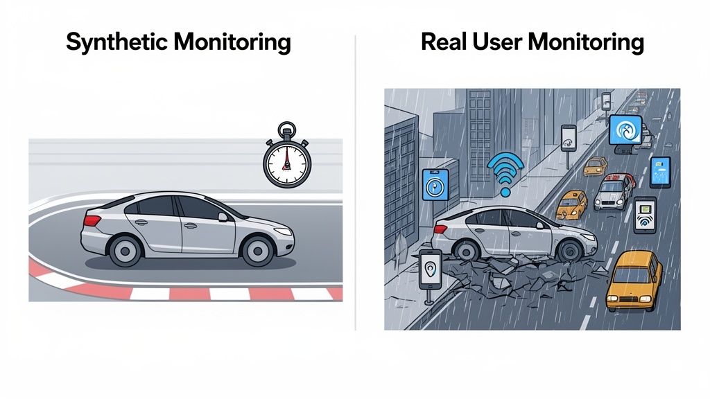 Illustration comparing synthetic monitoring on a controlled track with real user monitoring in a rainy city.