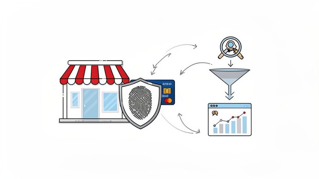 Diagram illustrating a secure transaction and data analysis process for businesses, featuring a fingerprint shield.