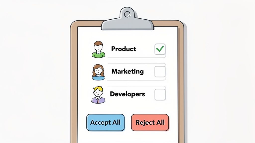 A clipboard with a checklist for Product, Marketing, and Developers, showing Product selected.