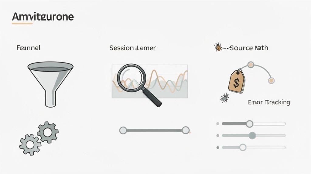 Ecommerce data analytics software features shown with icons for conversion funnels, session tracking, and error monitoring.