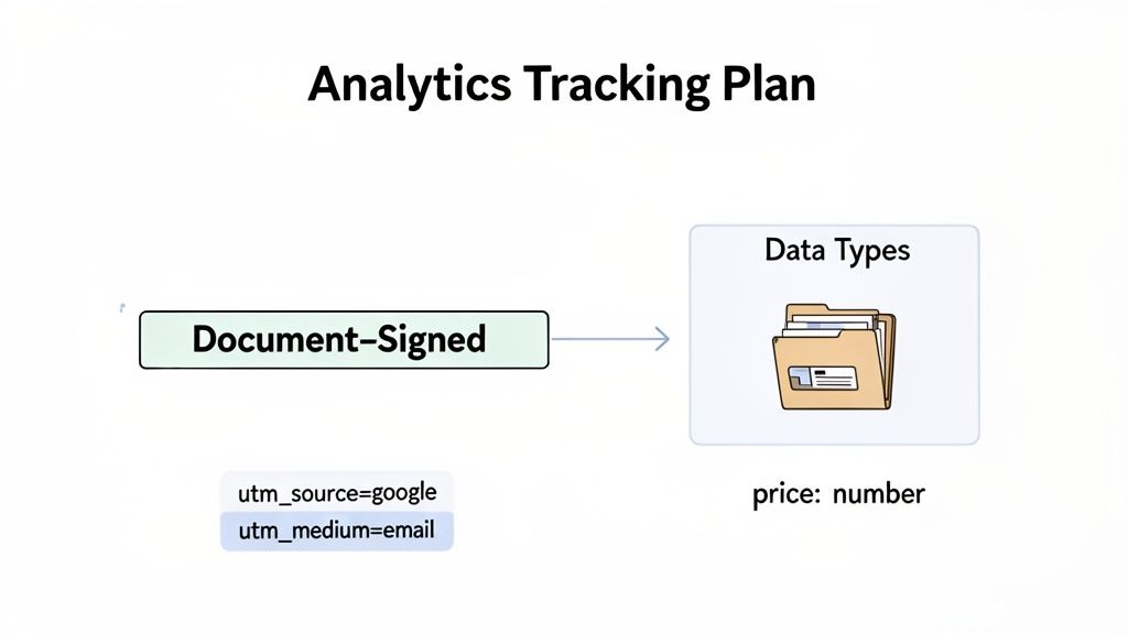 Flowchart showing an analytics tracking plan for a document-signed event with data types and UTM parameters.