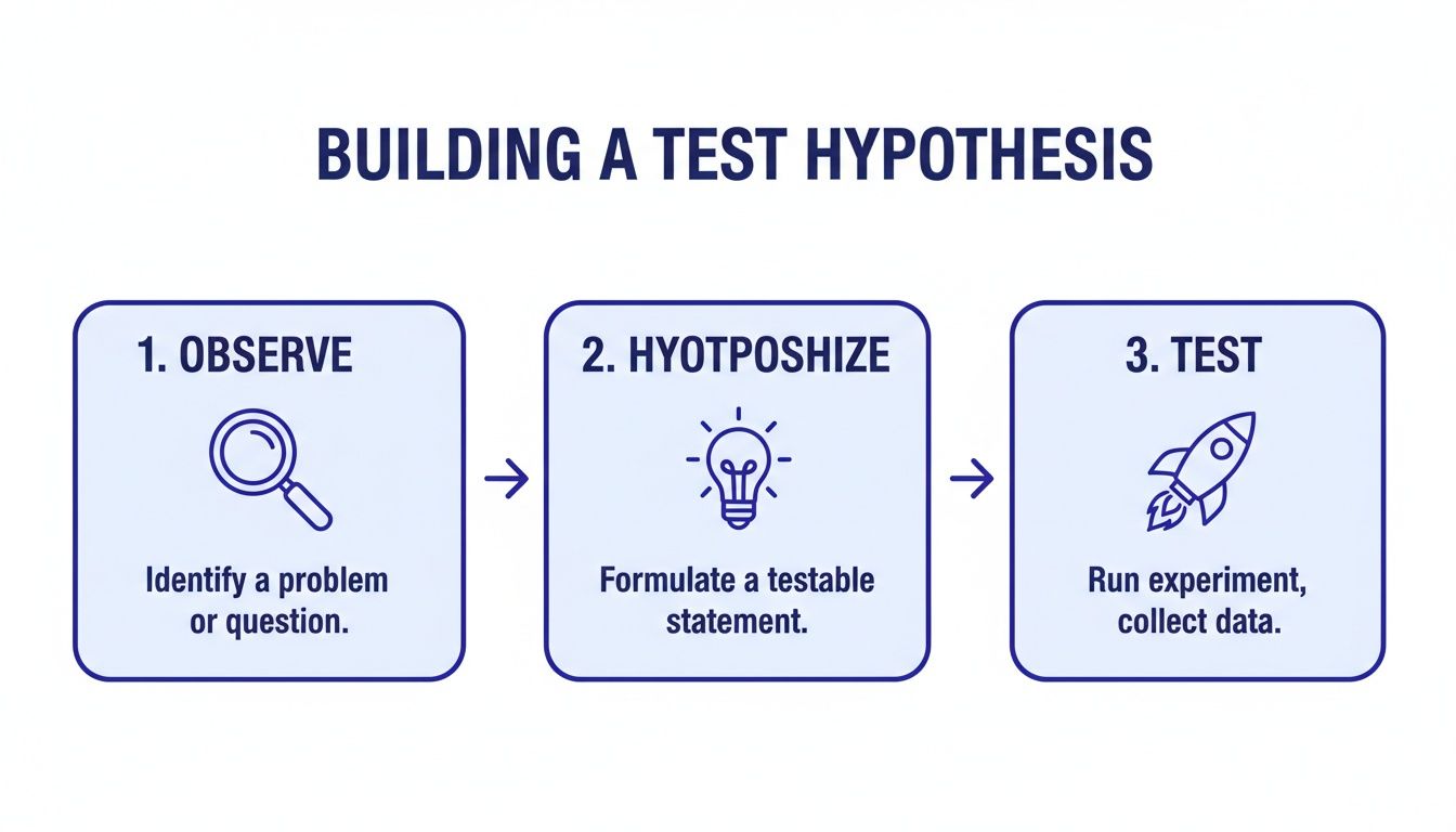 A three-step process for building a test hypothesis: observe, hypothesize, and test.