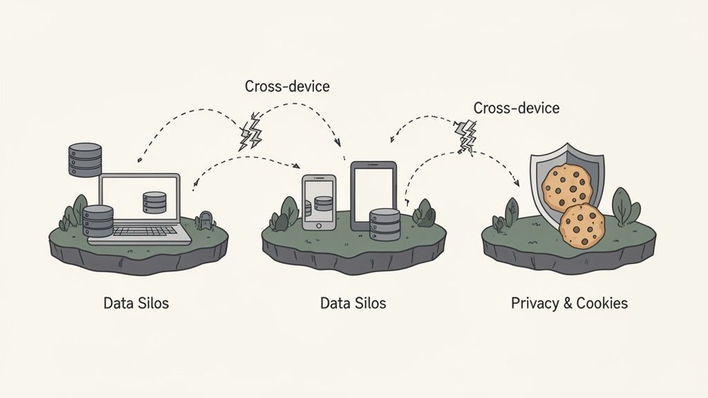 Illustration showing data silos on a laptop, smartphone, and tablet, with cross-device tracking impacting privacy and cookies.