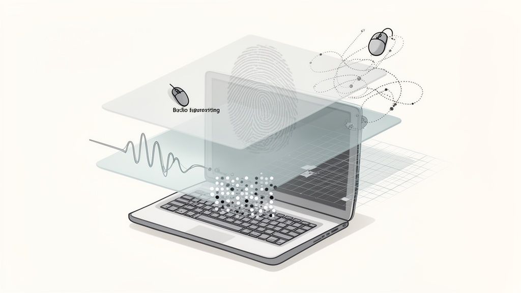 A laptop with layers depicting a fingerprint, audio waves, and mouse tracking, illustrating device fingerprinting.