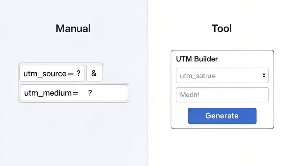 A side-by-side comparison showing manual UTM parameter input versus an automated UTM link builder tool.
