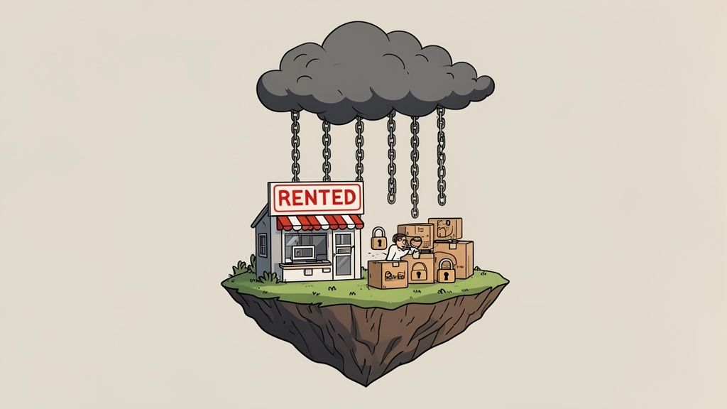 Cartoon of a small rented shop and chained boxes on a floating island under a dark cloud.