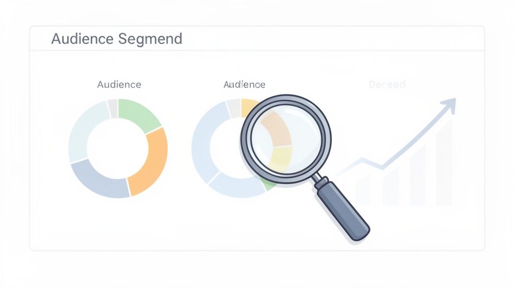 Audience segment analysis showing donut charts, a magnifying glass, and an upward trending graph.