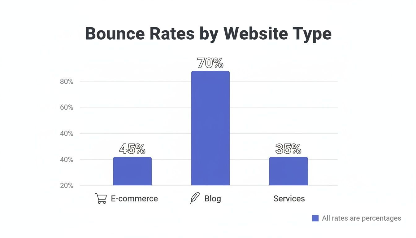 Bar chart displaying bounce rates for E-commerce (45%), Blog (70%), and Services (35%) website types.